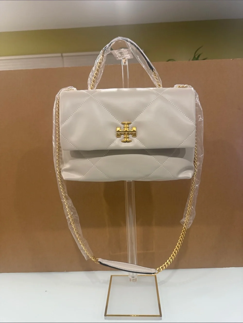 Tory Burch Cream Quilted Leather Chain Shoulder Bag with Top Handle